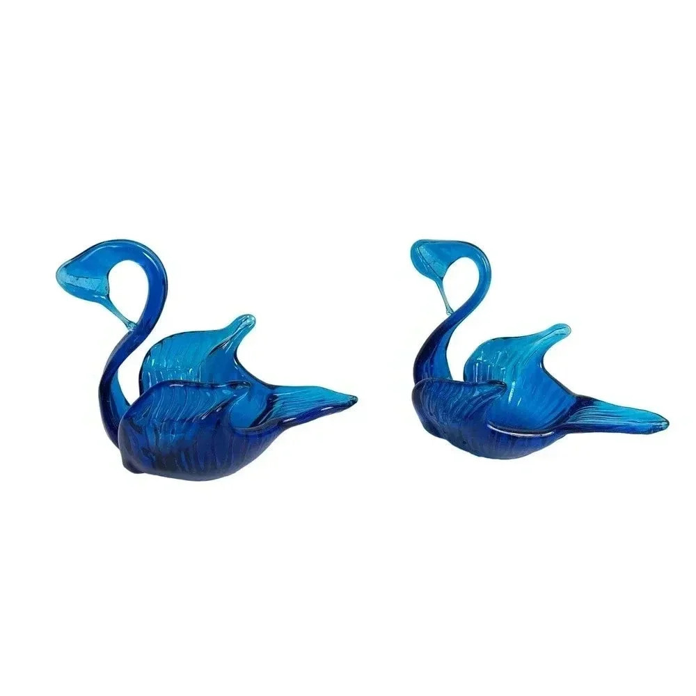 VTG Blue Glass Swan Trinket Candy Dish Bowl 6” Mid Century‎ Modern Lot of 2